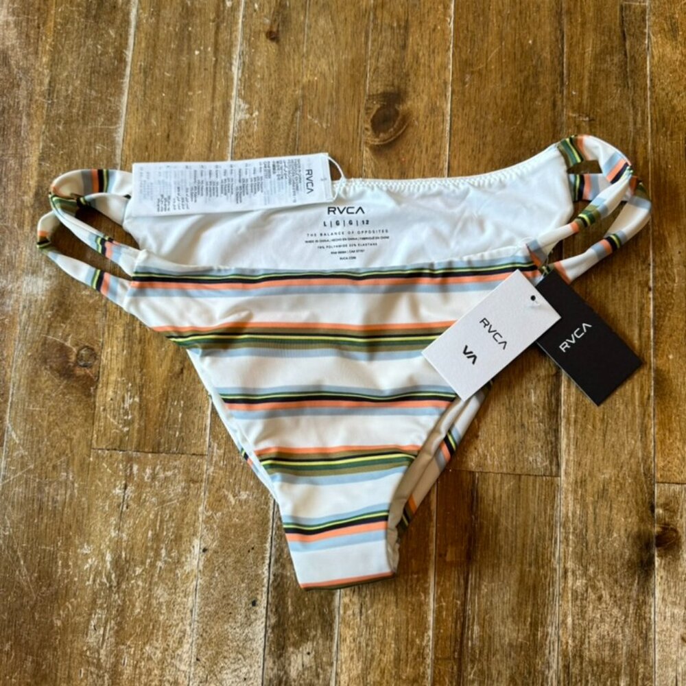 NWT RVCA Large Mid Rise Cream & Multicolored Striped Bikini Bottom